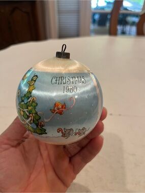 Vintage 1980s grandson Christmas ball Ornament with cute snowman & husky puppies